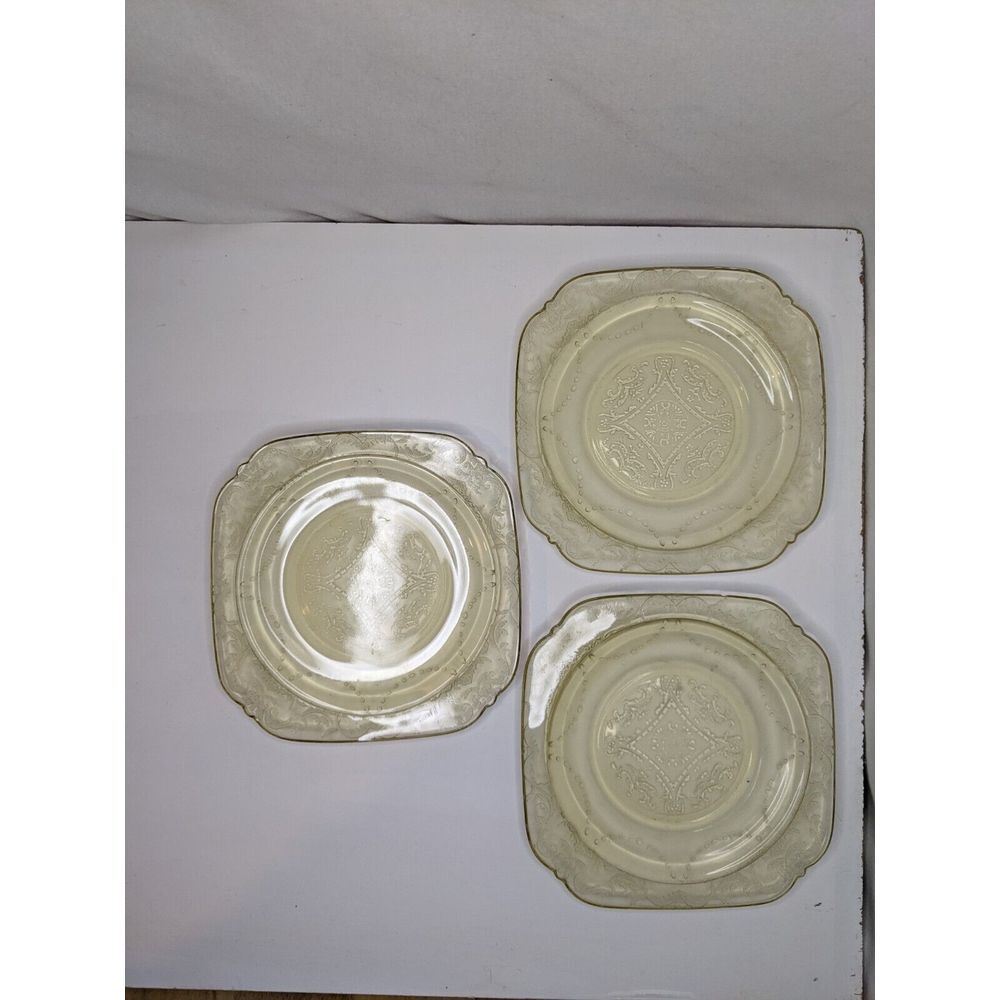 Set Of 3 Vintage Federal Glass Madrid Amber Square Plate‎ Yellow
